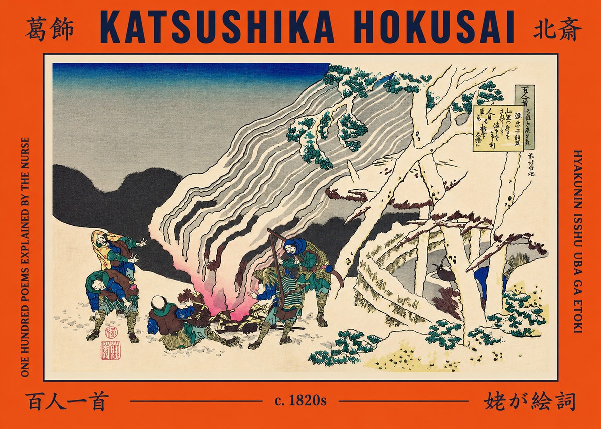Katsushika Hokusai One Hundred Poems Explained by the Nurse (Hyakunin Isshu Uba Ga Etoki) No2 - Plakat