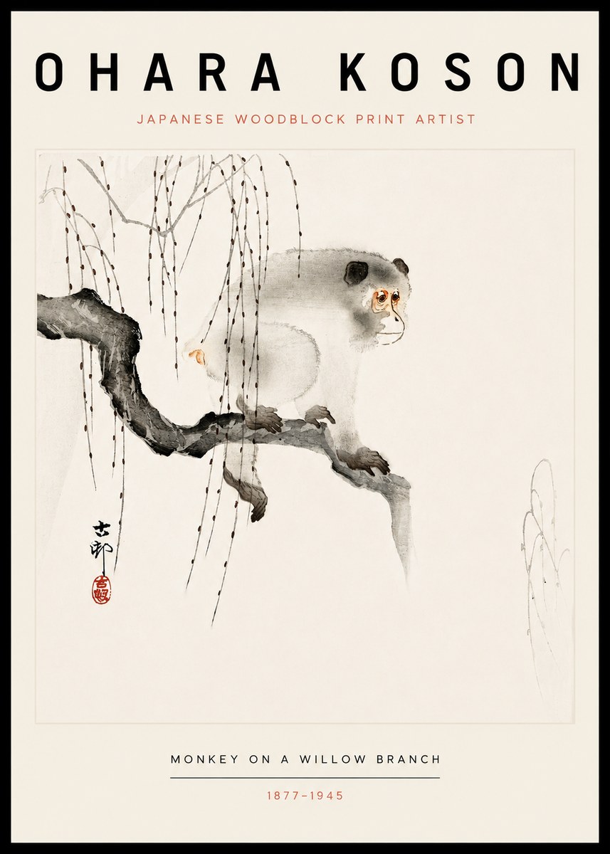 Ohara Koson Monkey on a Willow Branch No3 - Plakat