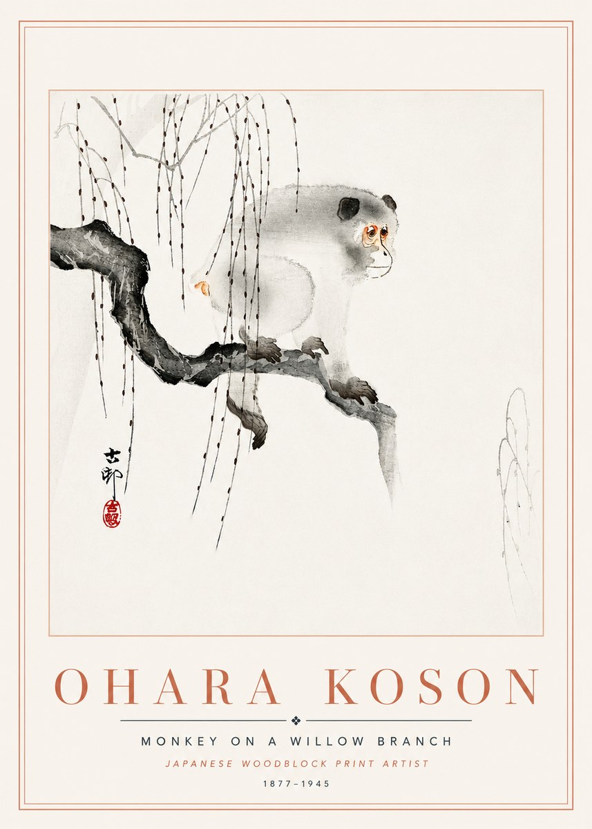 Ohara Koson Monkey on a Willow Branch No6 - Plakat