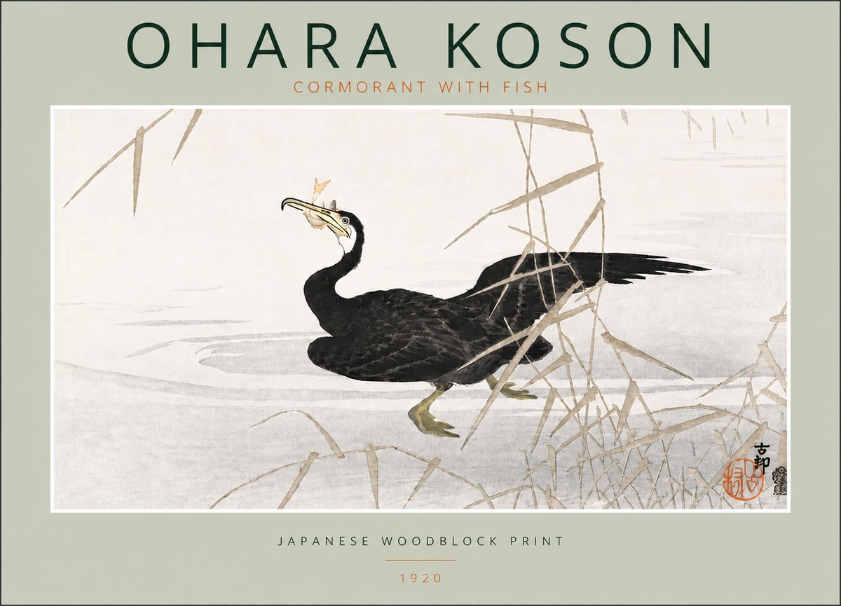 Ohara Koson Cormorant with Fish No5 - Plakat