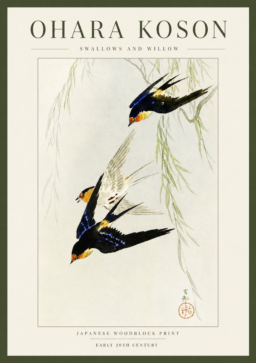 Ohara Koson Swallows and Willow I No3 - Plakat