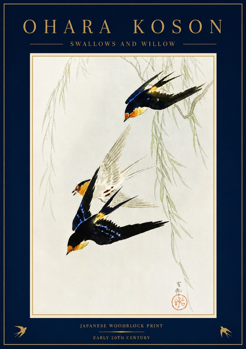 Ohara Koson Swallows and Willow I No5 - Plakat