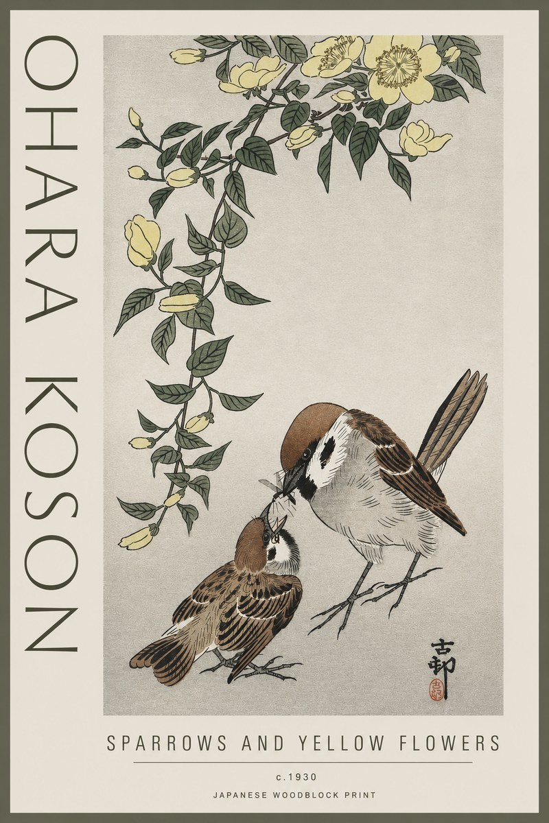 Ohara Koson Sparrows and Yellow Flowers No3 - Plakat