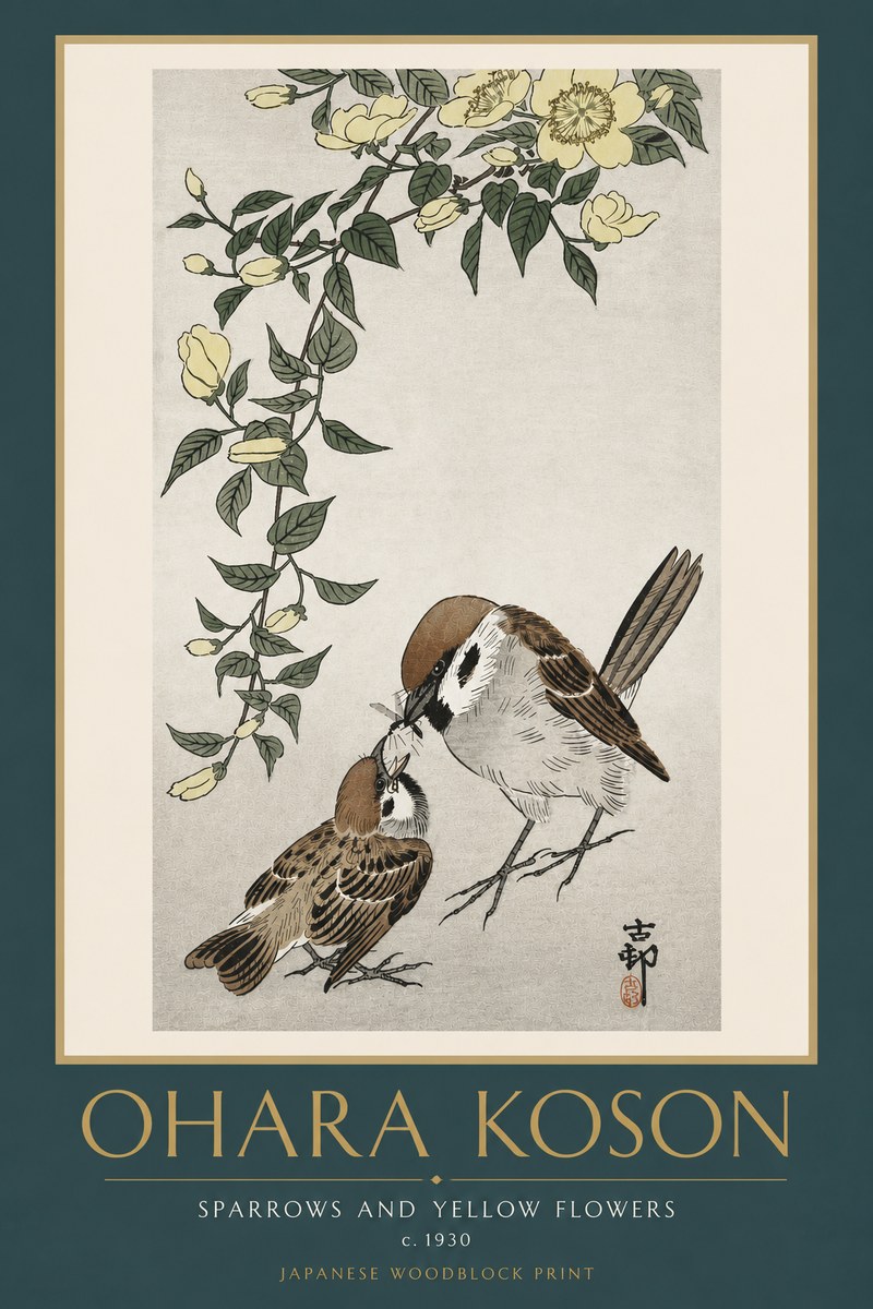 Ohara Koson Sparrows and Yellow Flowers No6 - Plakat