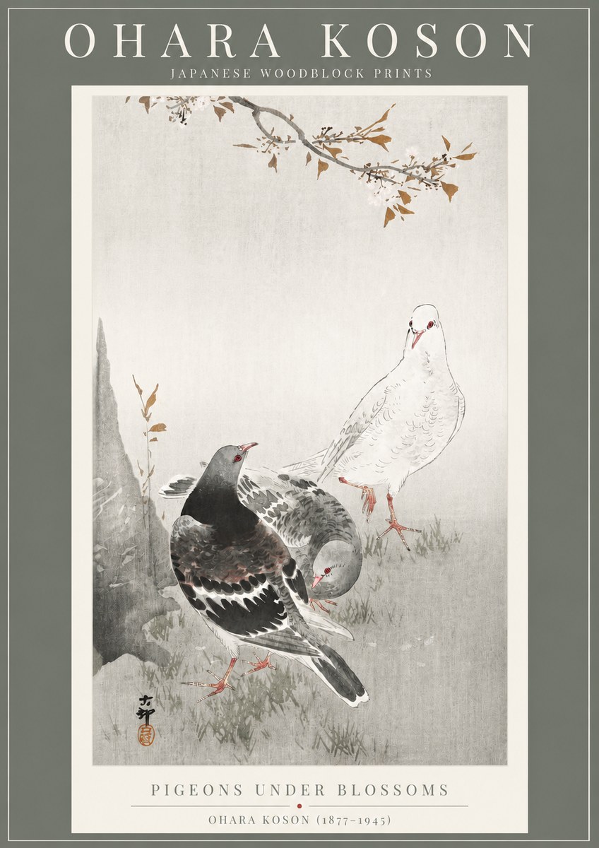 Ohara Koson Pigeons Under Blossoms No2 - Plakat