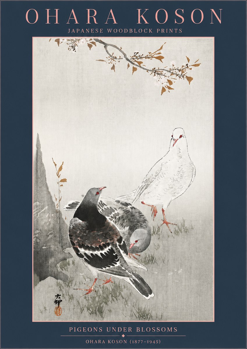 Ohara Koson Pigeons Under Blossoms No4 - Plakat