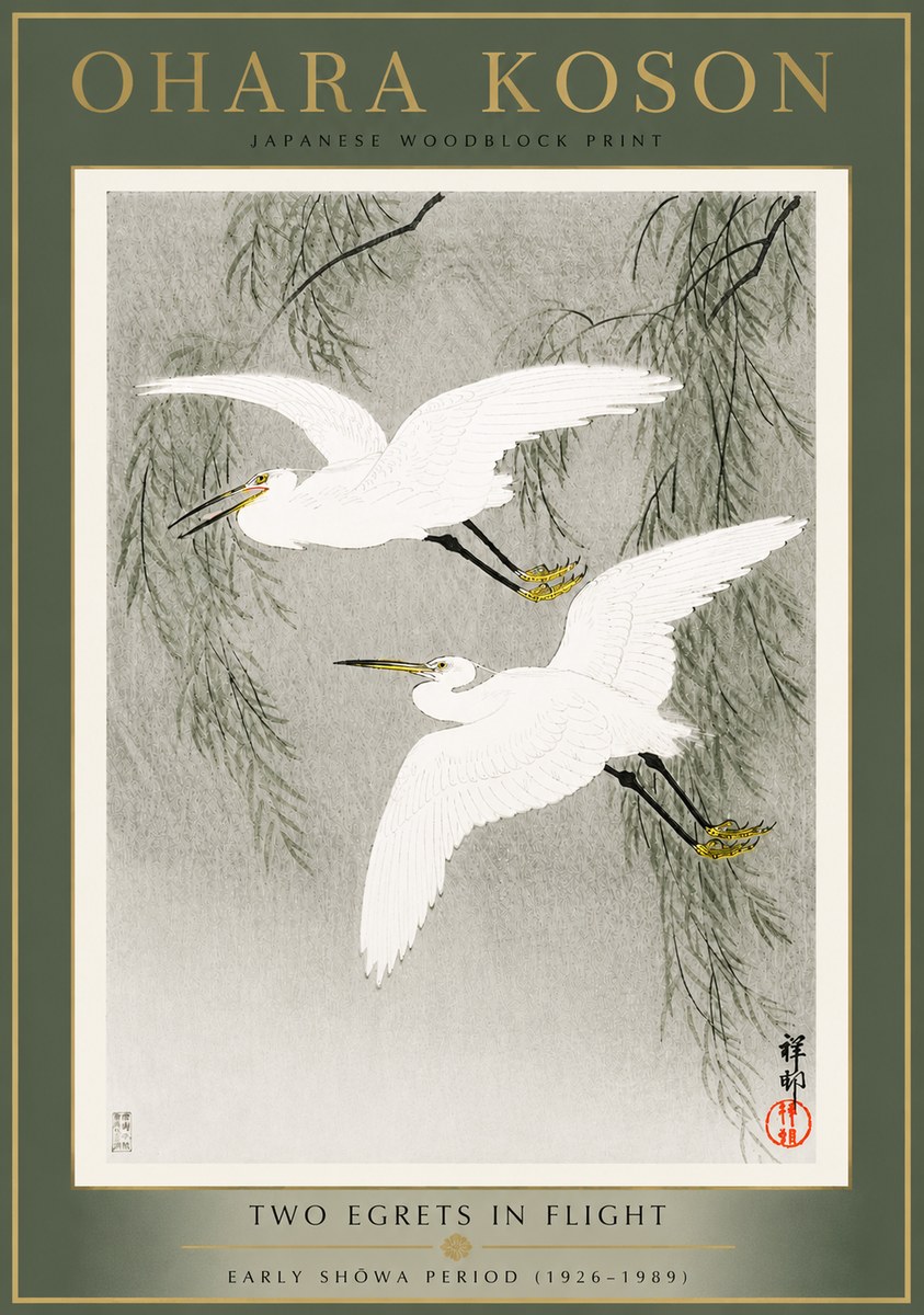 Ohara Koson Two Egrets in Flight No4 - Plakat
