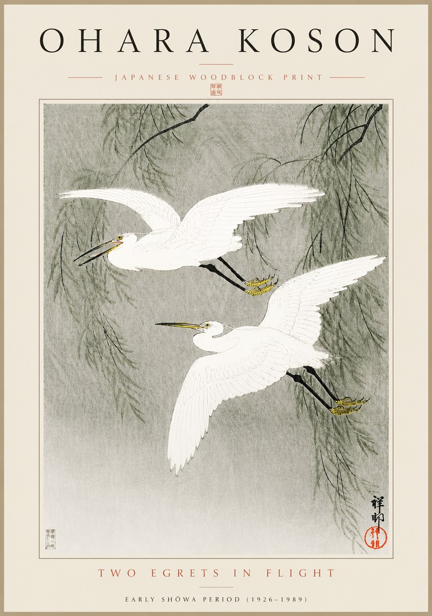 Ohara Koson Two Egrets in Flight No5 - Plakat