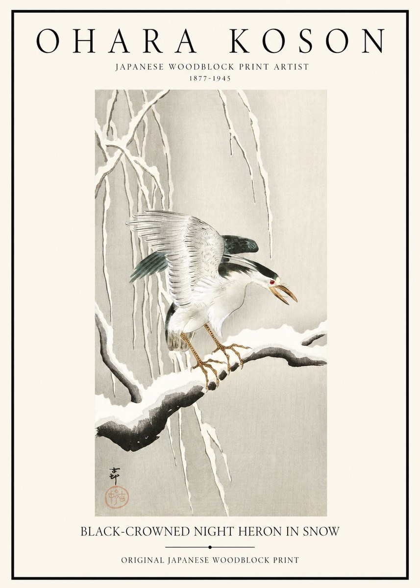 Ohara Koson Black-crowned Night Heron in Snow No1 - Plakat