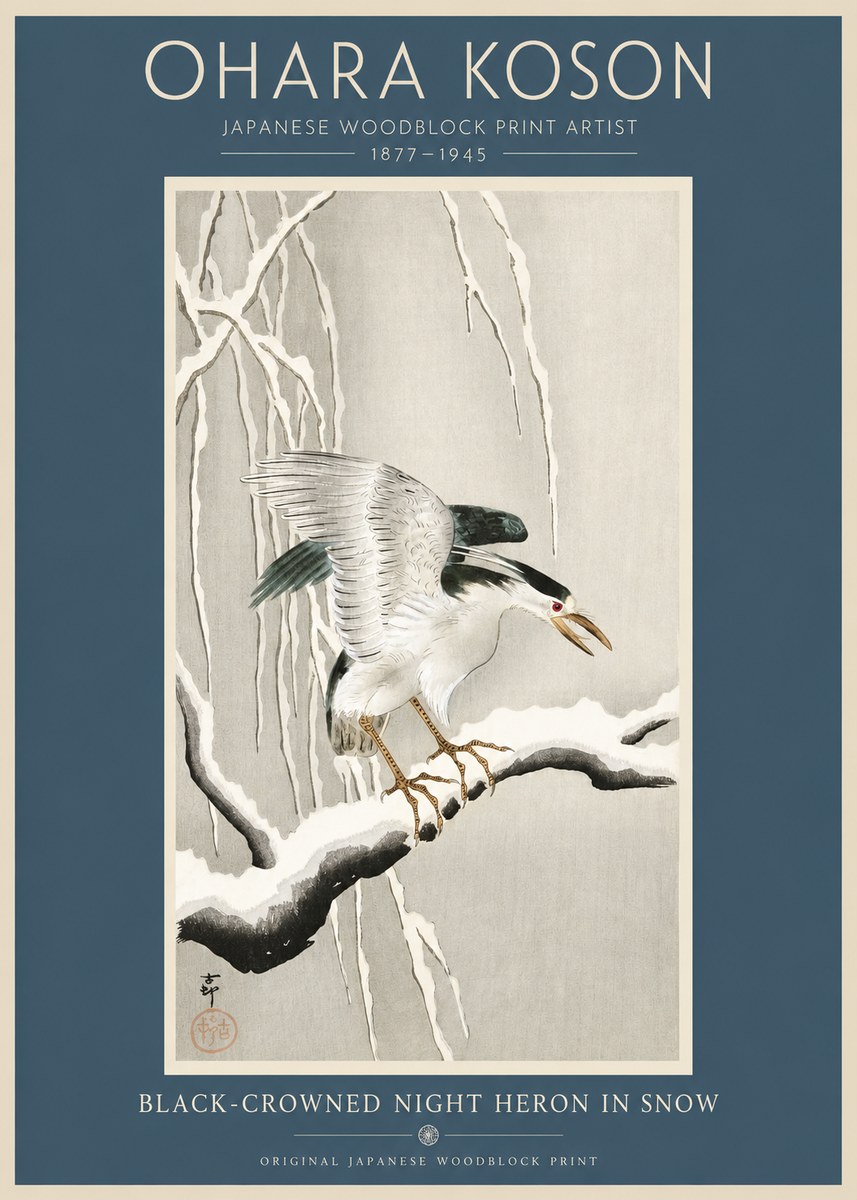 Ohara Koson Black-crowned Night Heron in Snow No2 - Plakat