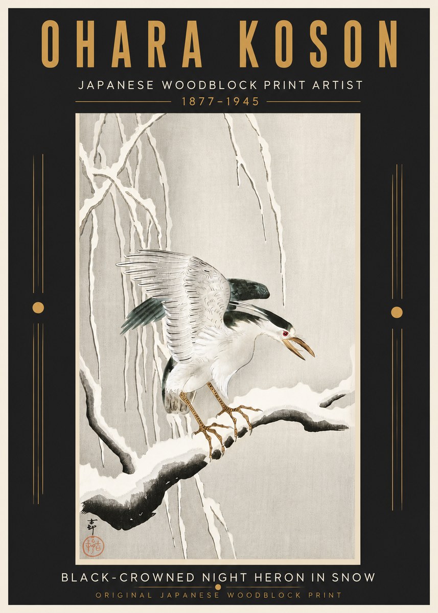 Ohara Koson Black-crowned Night Heron in Snow No5 - Plakat