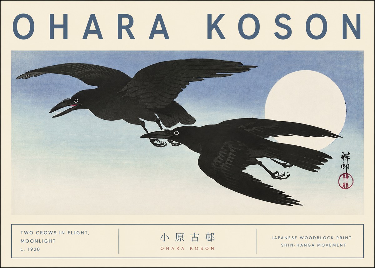 Ohara Koson Two Crows in Flight, Moonlight No3 - Plakat
