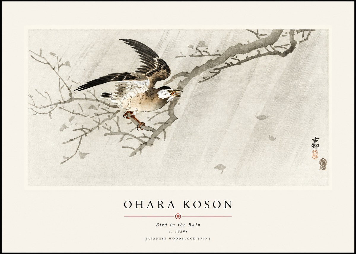 Ohara Koson Bird in the Rain No1 - Plakat