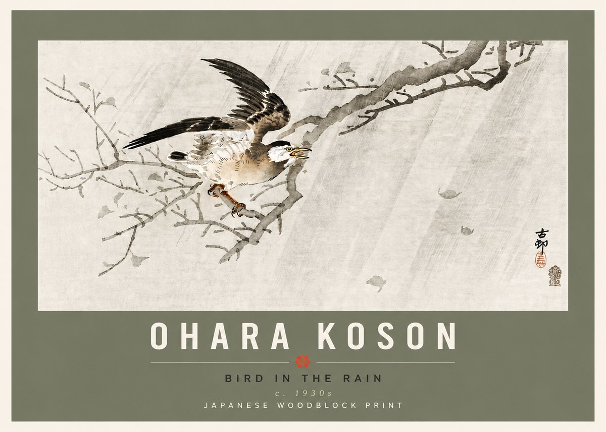 Ohara Koson Bird in the Rain No6 - Plakat