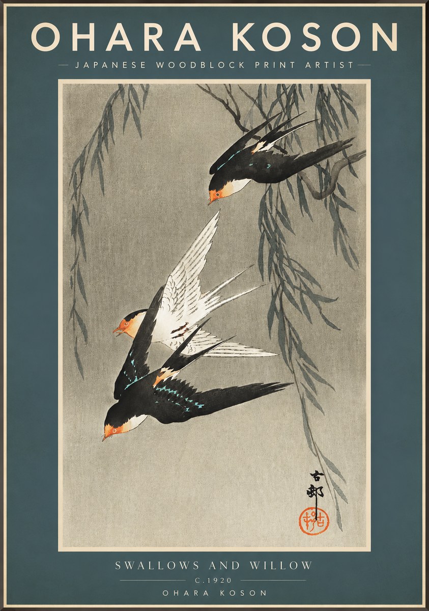 Ohara Koson Swallows and Willow II No2 - Plakat