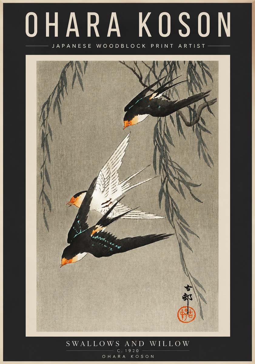 Ohara Koson Swallows and Willow II No4 - Plakat