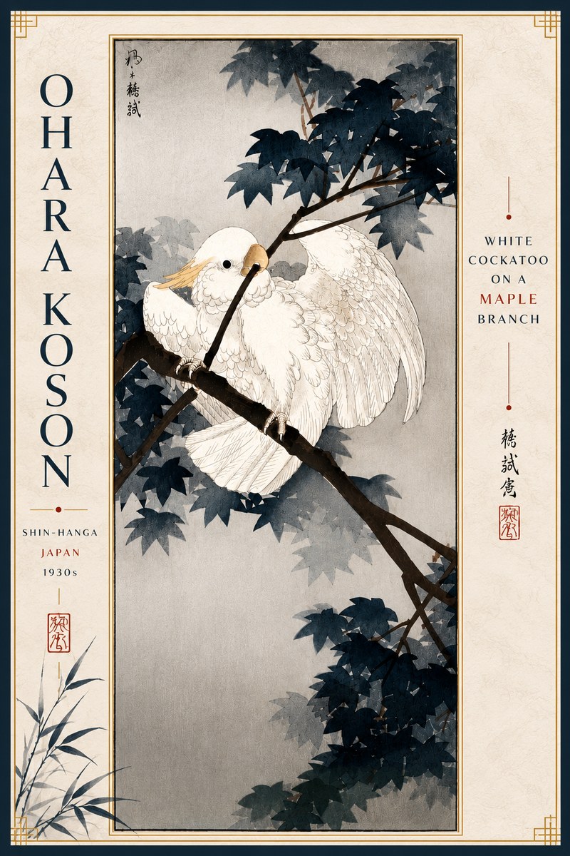Ohara Koson White Cockatoo on a Maple Branch No4 - Plakat