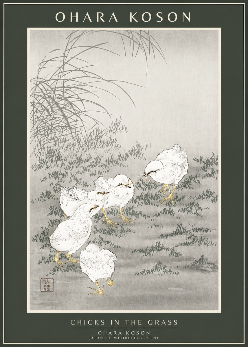 Ohara Koson Chicks in the Grass No1 - Plakat