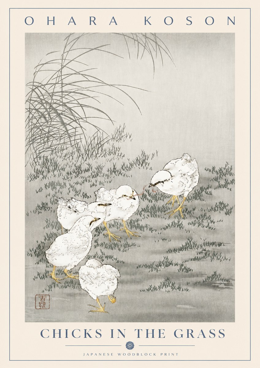 Ohara Koson Chicks in the Grass No2 - Plakat