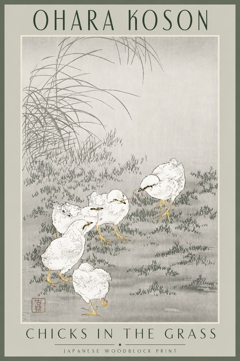 Ohara Koson Chicks in the Grass No3 - Plakat