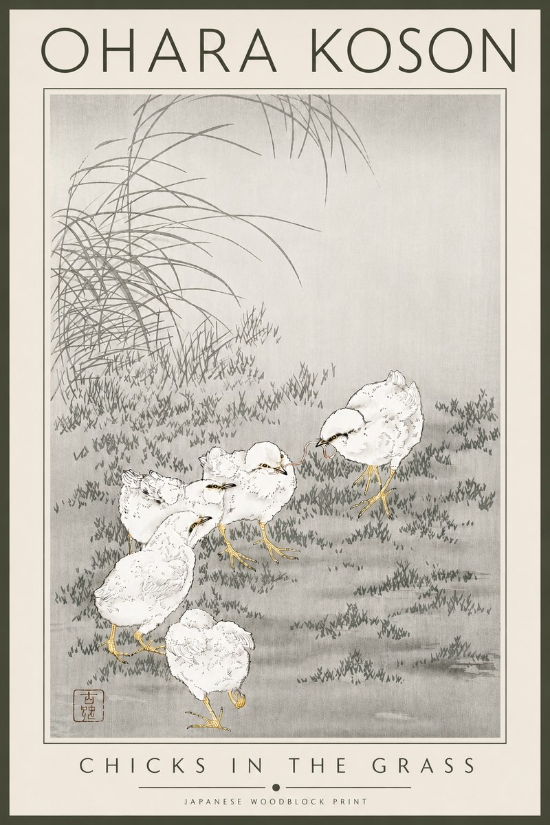 Ohara Koson Chicks in the Grass No4 - Plakat
