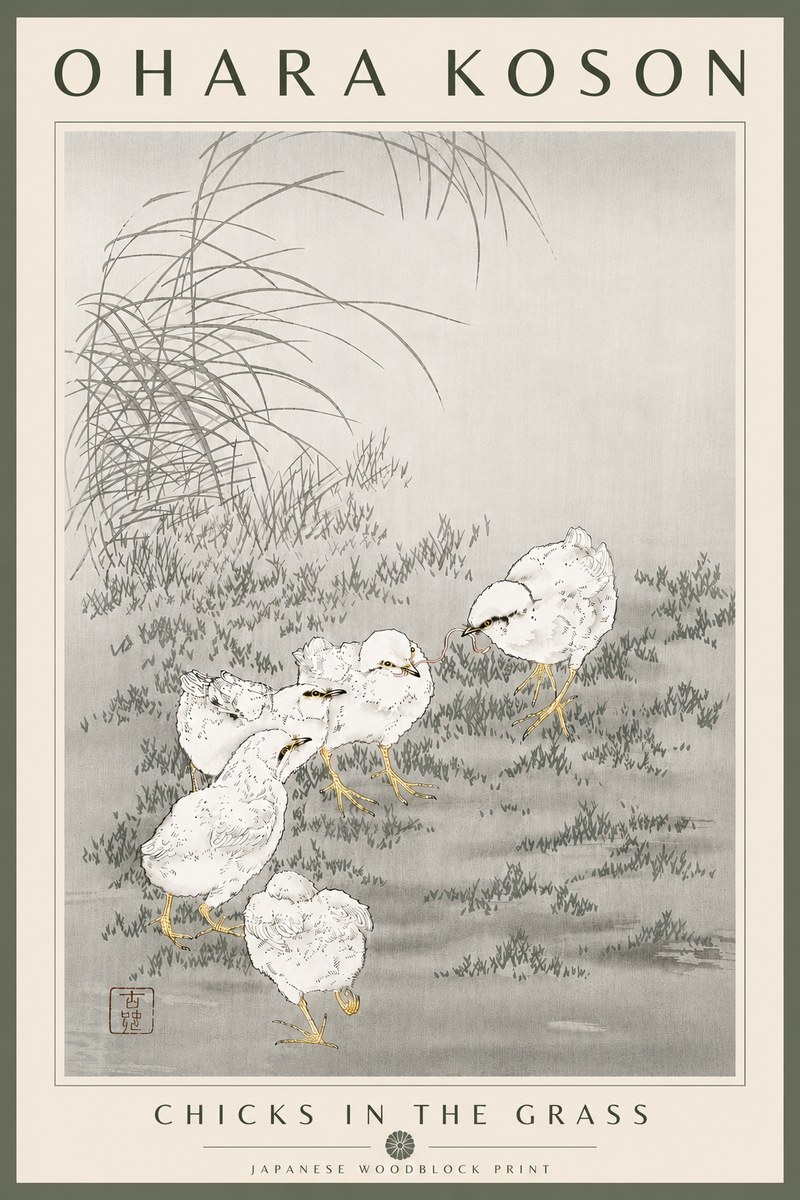 Ohara Koson Chicks in the Grass No6 - Plakat