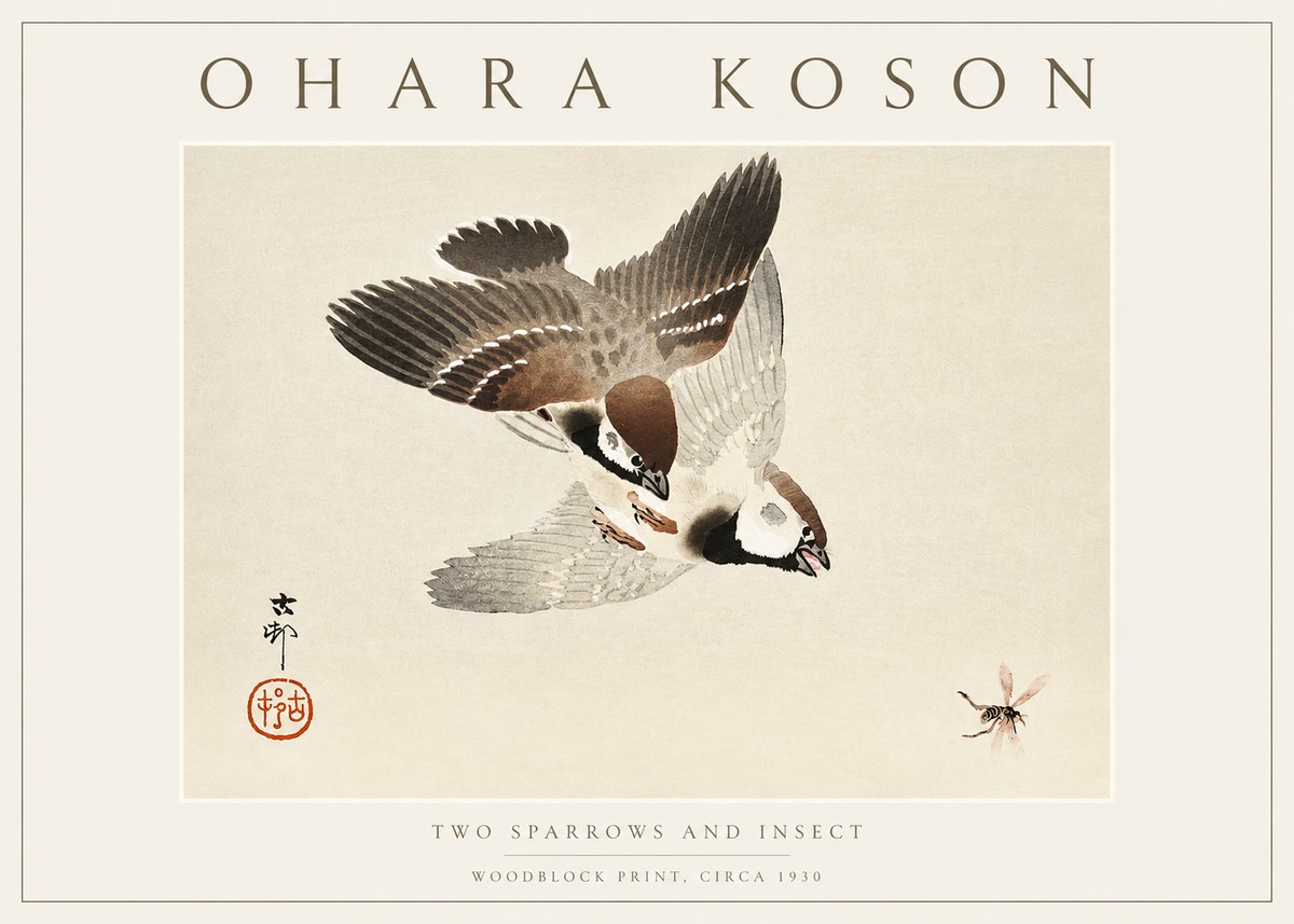 Ohara Koson Two Sparrows and Insect No3 - Plakat