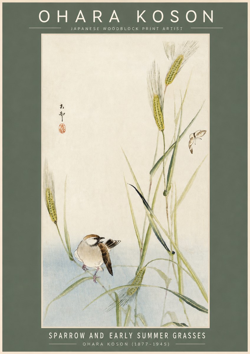 Ohara Koson Sparrow and Early Summer Grasses No2 - Plakat