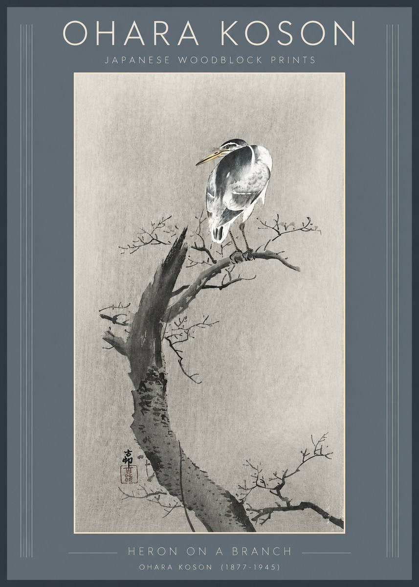 Ohara Koson Heron on a Branch No3 - Plakat