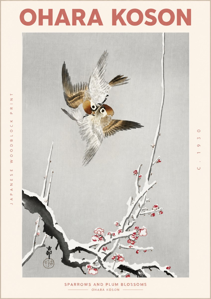 Ohara Koson Sparrows and Plum Blossoms No2 - Plakat