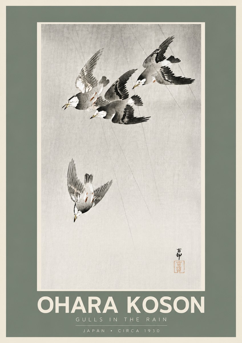 Ohara Koson Gulls in the Rain No5 - Plakat