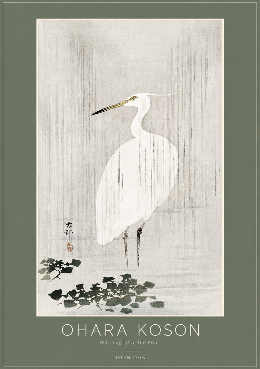 Ohara Koson White Egret in the Rain No2 - Plakat
