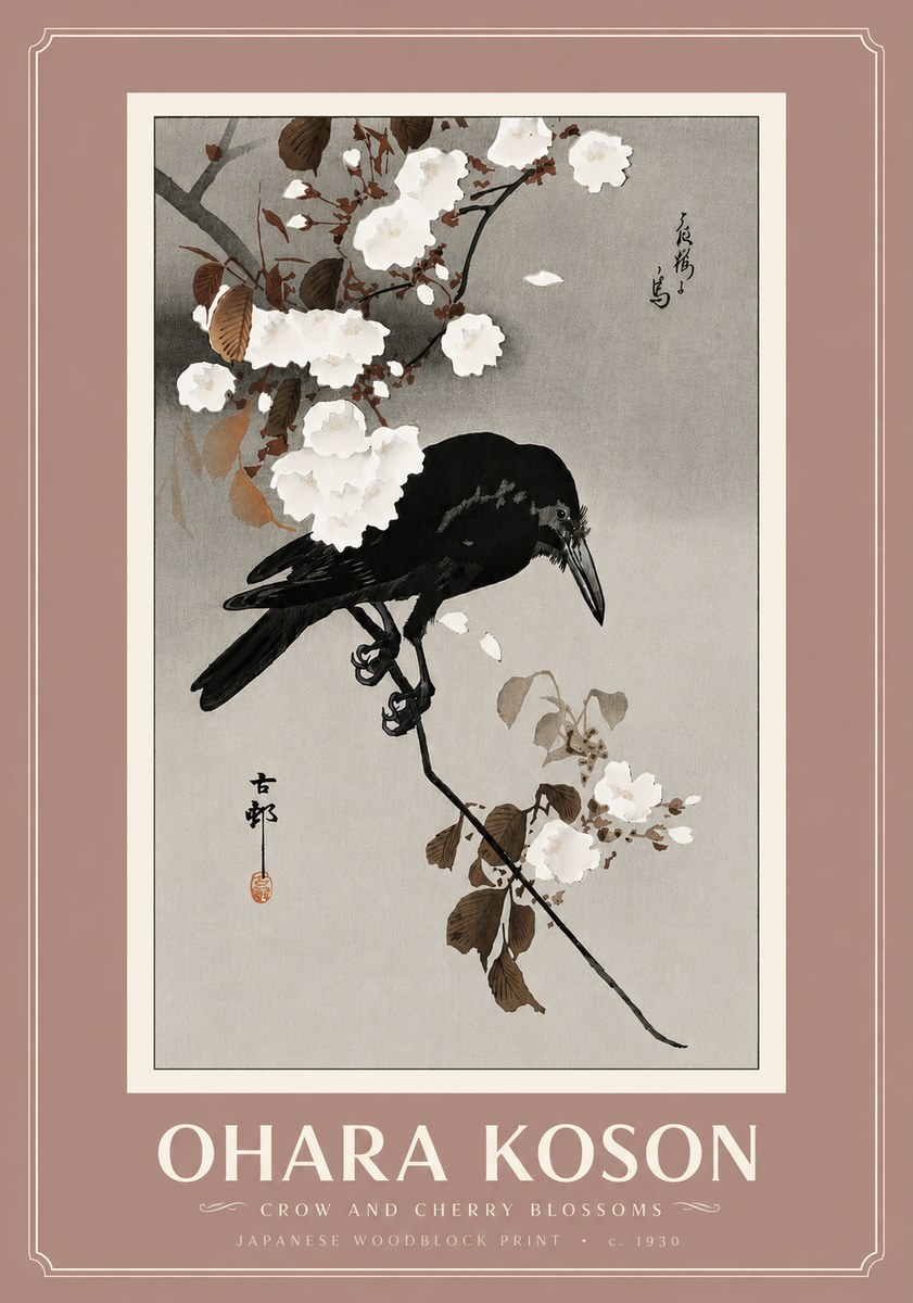 Ohara Koson Crow and Cherry Blossoms No6 - Plakat