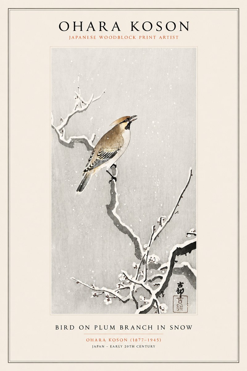 Ohara Koson Bird on Plum Branch in Snow No1 - Plakat