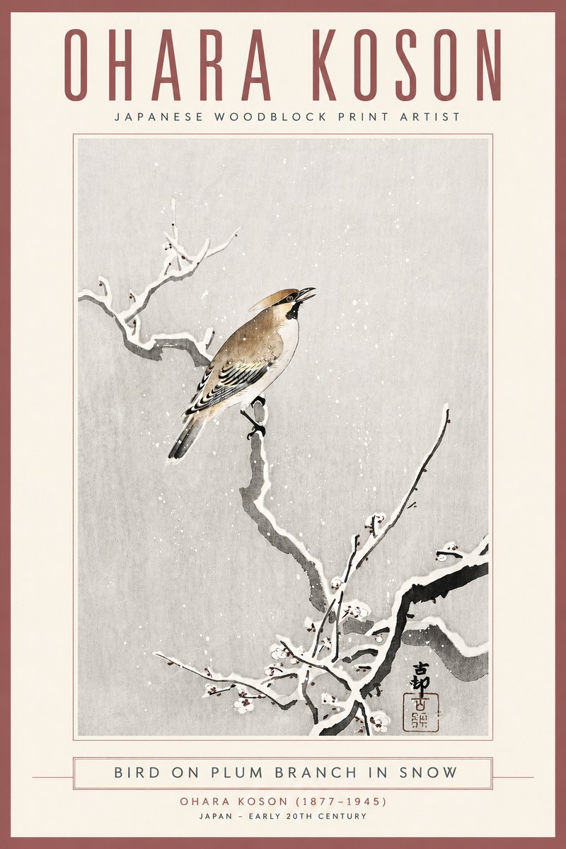Ohara Koson Bird on Plum Branch in Snow No4 - Plakat
