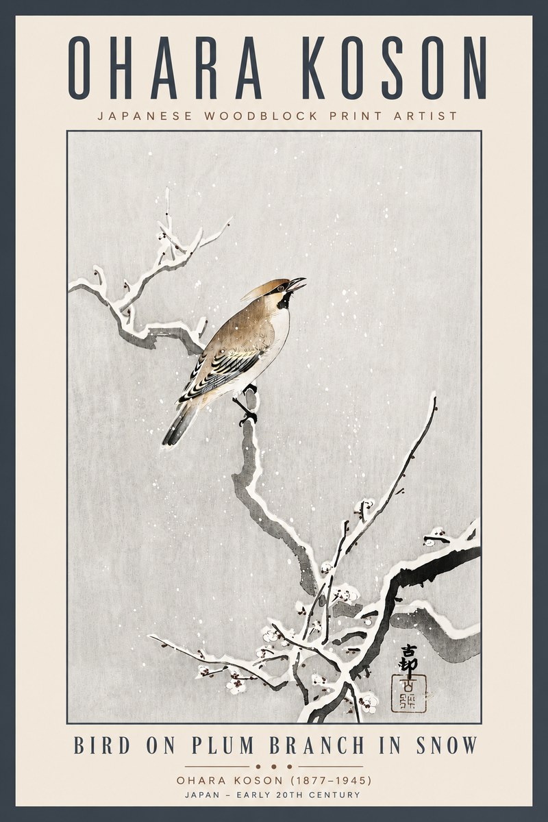 Ohara Koson Bird on Plum Branch in Snow No5 - Plakat