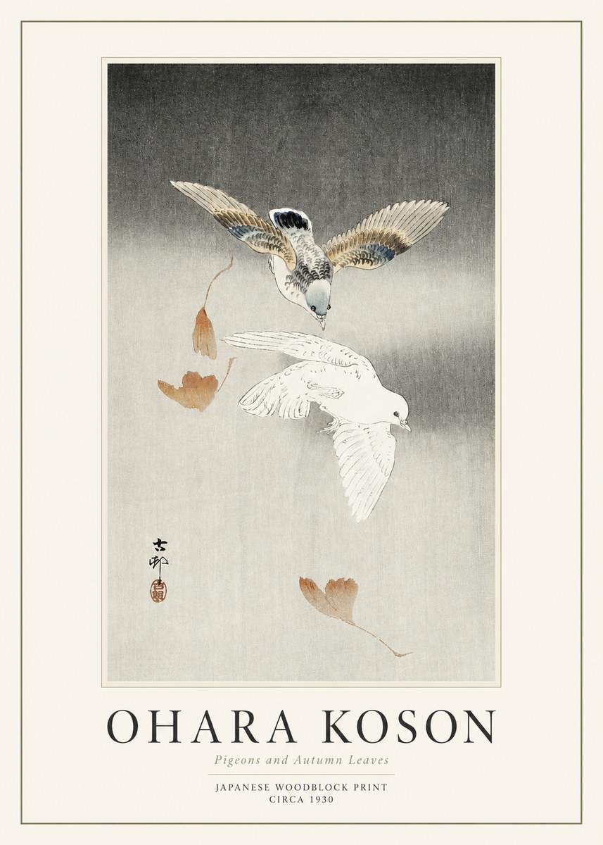 Ohara Koson Pigeons and Autumn Leaves No1 - Plakat