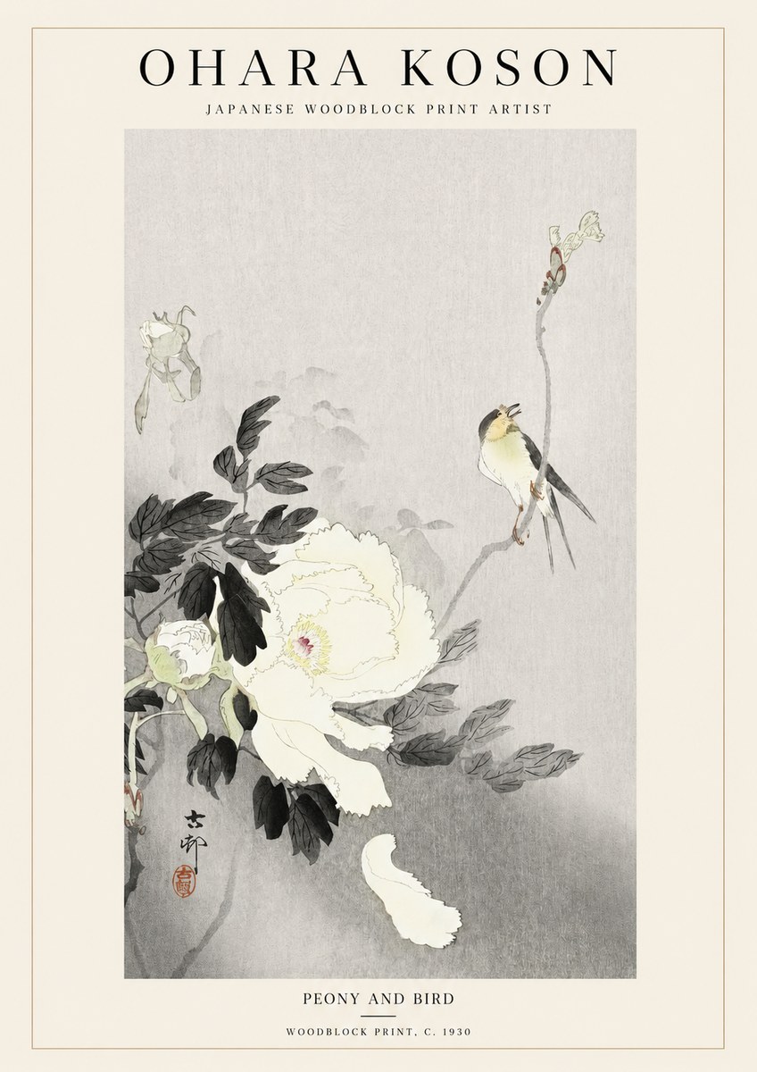 Ohara Koson Peony and Bird No1 - Plakat