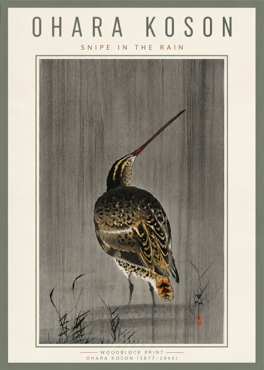 Ohara Koson Snipe in the Rain No6 - Plakat