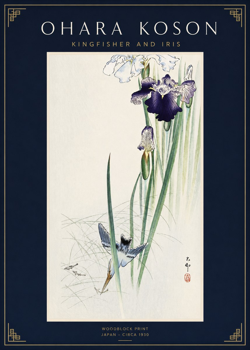 Ohara Koson Kingfisher and Iris No2 - Plakat