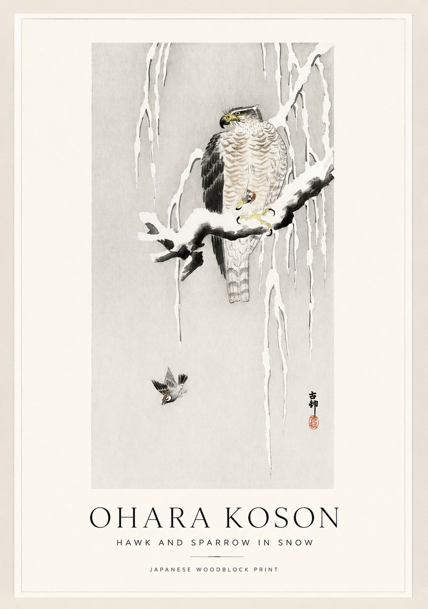 Ohara Koson Hawk and Sparrow in Snow No1 - Plakat
