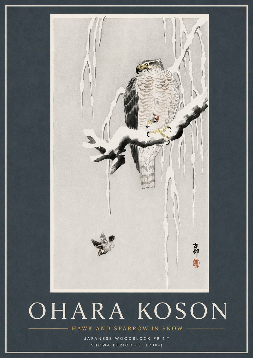 Ohara Koson Hawk and Sparrow in Snow No3 - Plakat