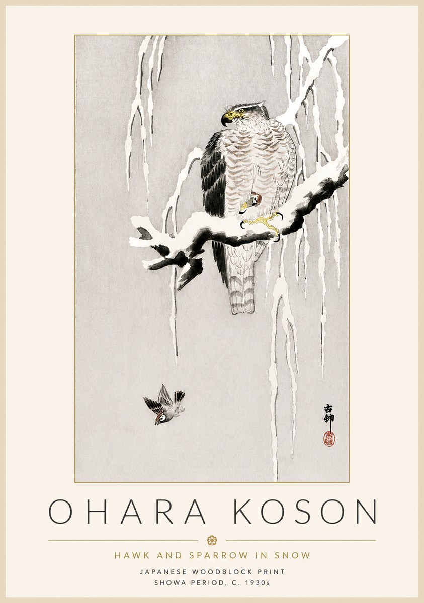 Ohara Koson Hawk and Sparrow in Snow No4 - Plakat