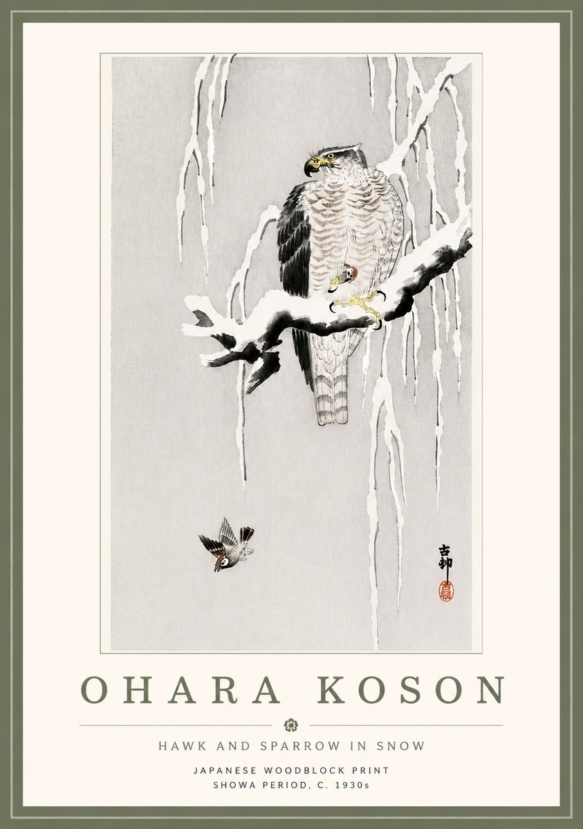 Ohara Koson Hawk and Sparrow in Snow No5 - Plakat