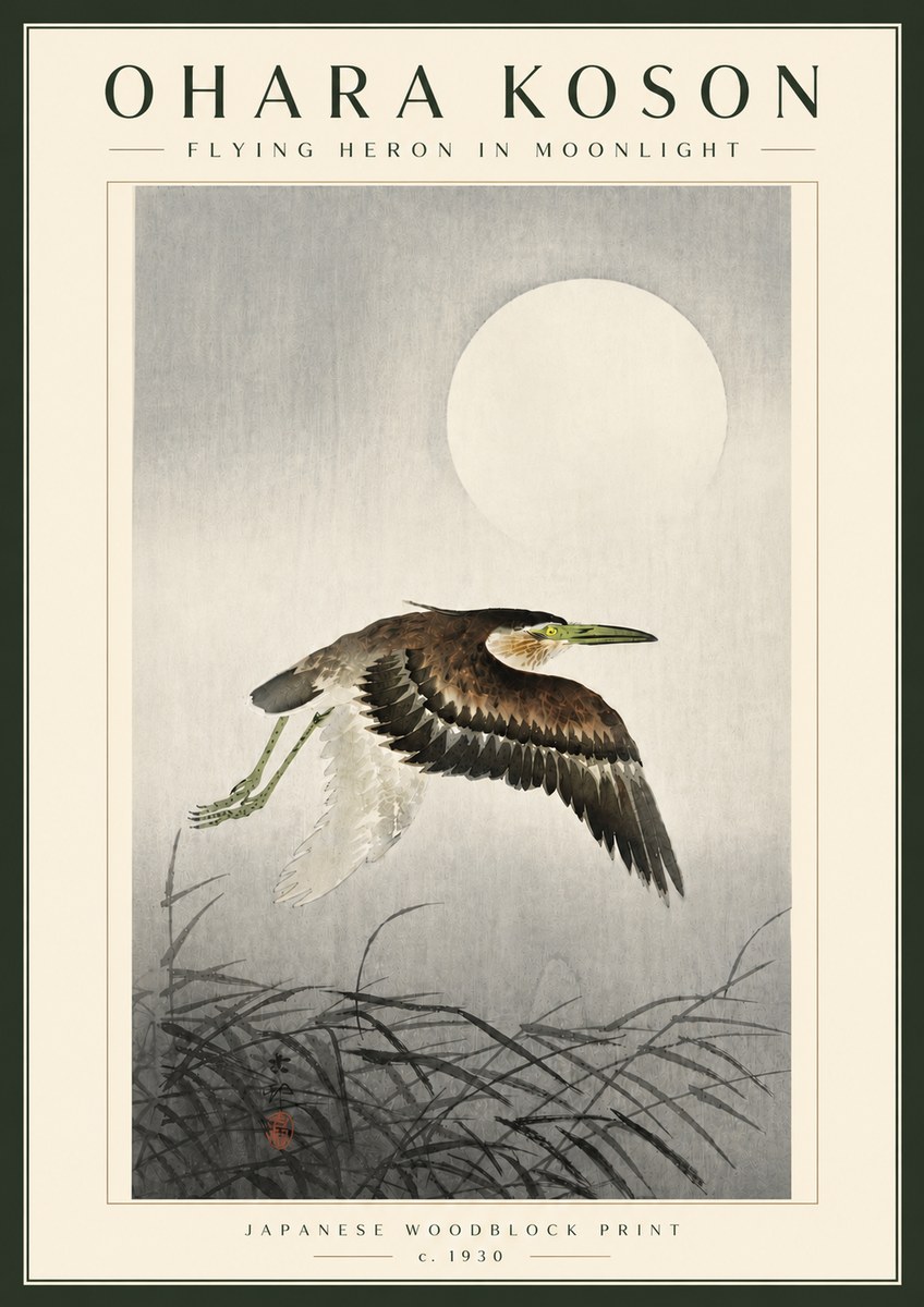 Ohara Koson Flying Heron in Moonlight No5 - Plakat