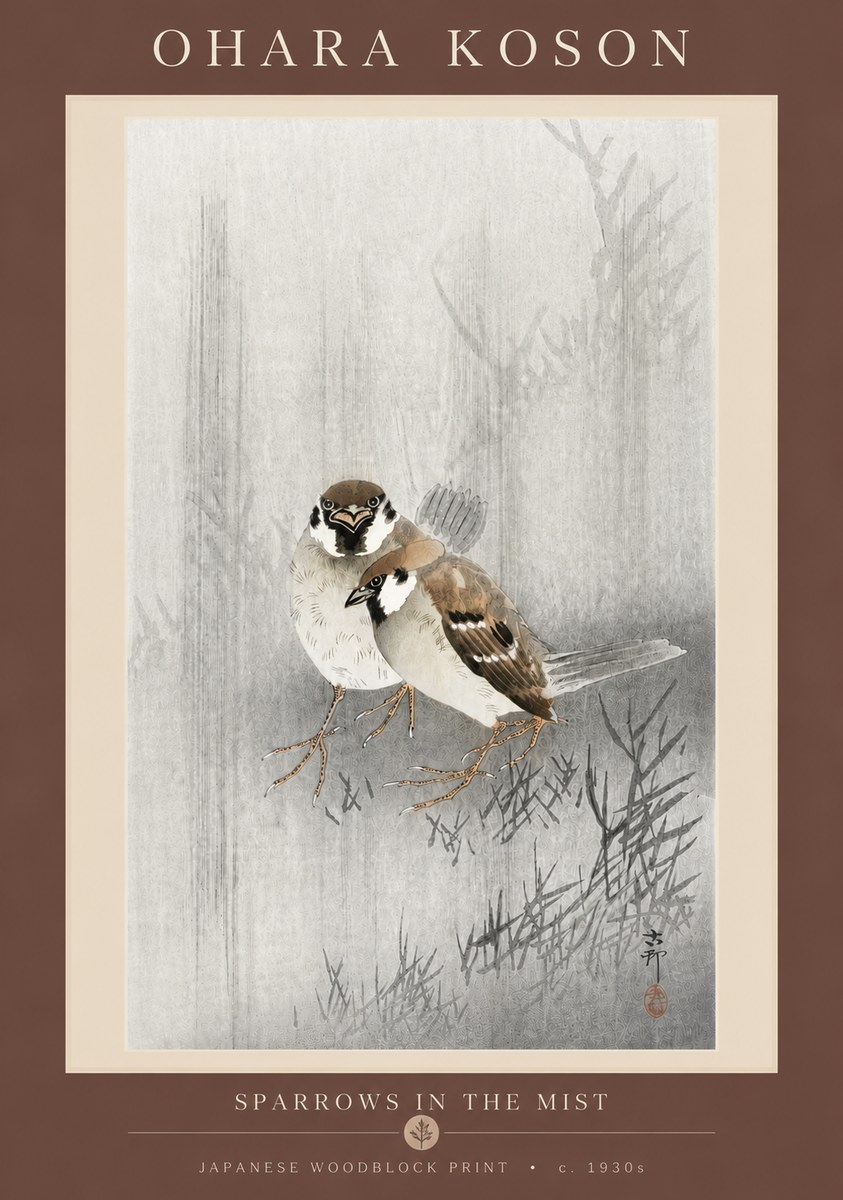 Ohara Koson Sparrows in the Mist No5 - Plakat