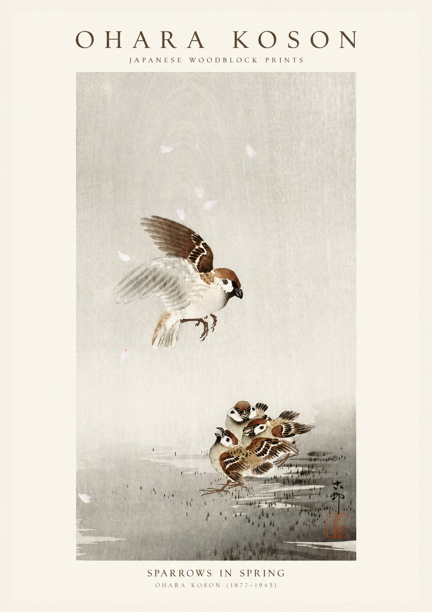 Ohara Koson Sparrows in Spring No1 - Plakat