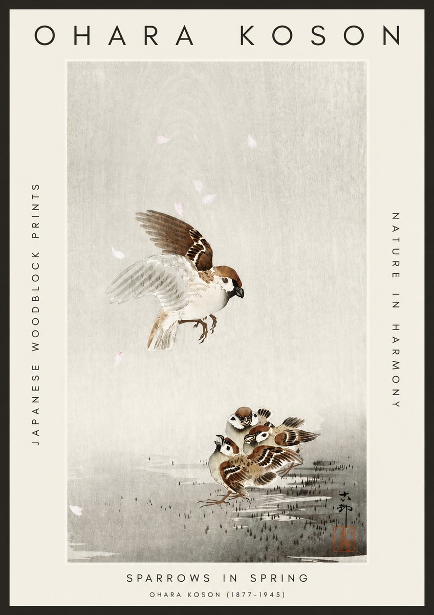 Ohara Koson Sparrows in Spring No3 - Plakat