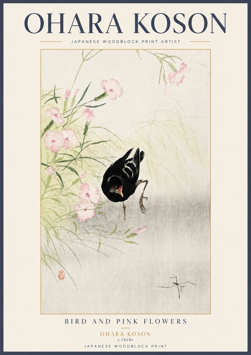 Ohara Koson Bird and Pink Flowers No3 - Plakat