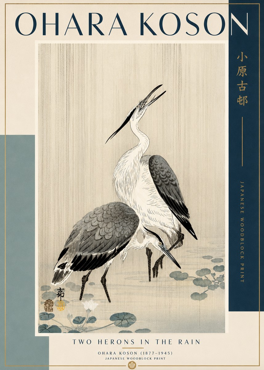Ohara Koson Two Herons in the Rain No2 - Plakat